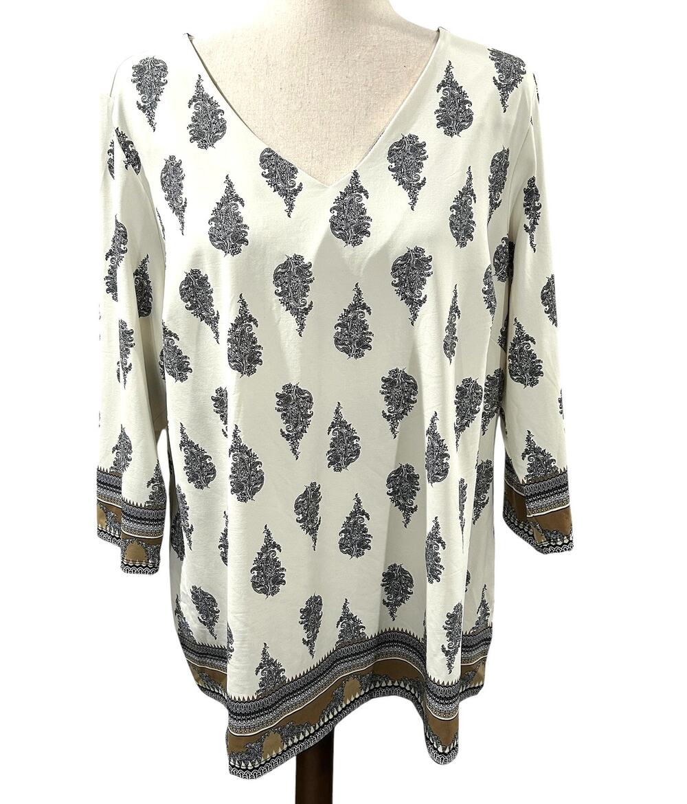 Charter Club Woman 3/4 Sleeve V Neck Ivory with Paisley Design Plus Size 2X EUC